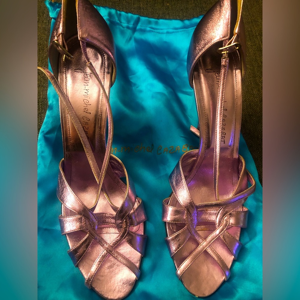 Pink metallic open toe strap heels